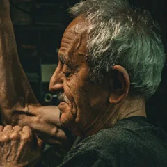 Artisan aux cheveux gris travaillant dans son atelier — photo d’illustration